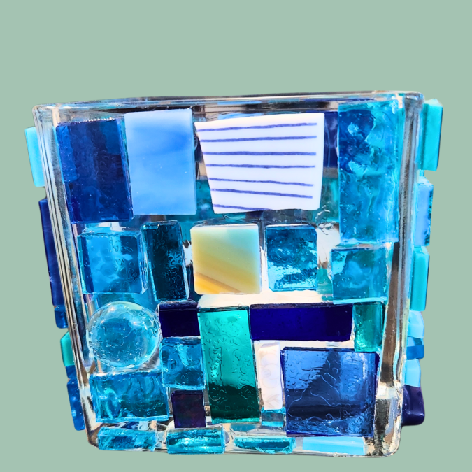 glass mosaic candle holder blue